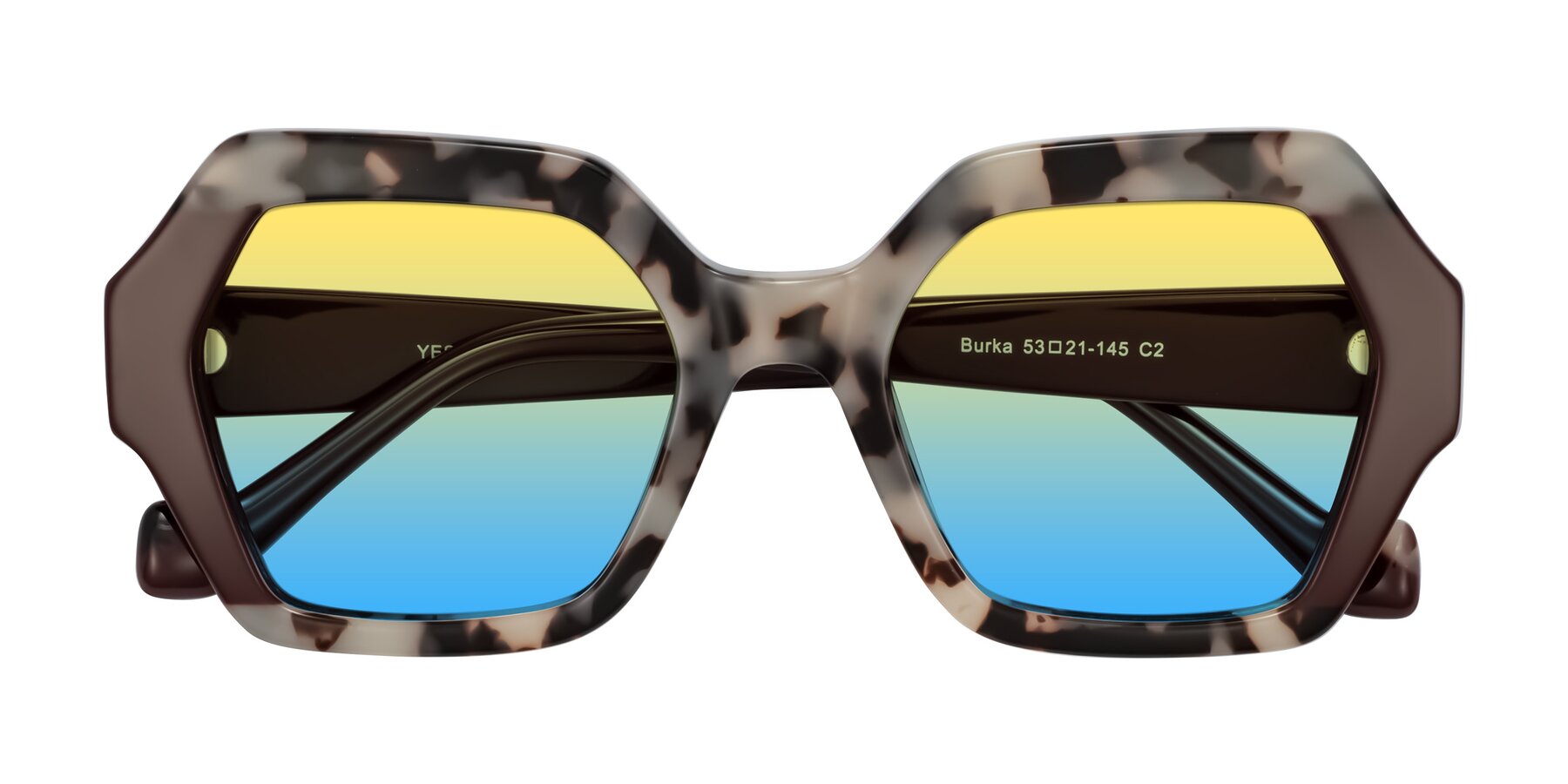Folded Front of Burka in Ivory Tortoise/Chocolate with Yellow / Blue Gradient Lenses