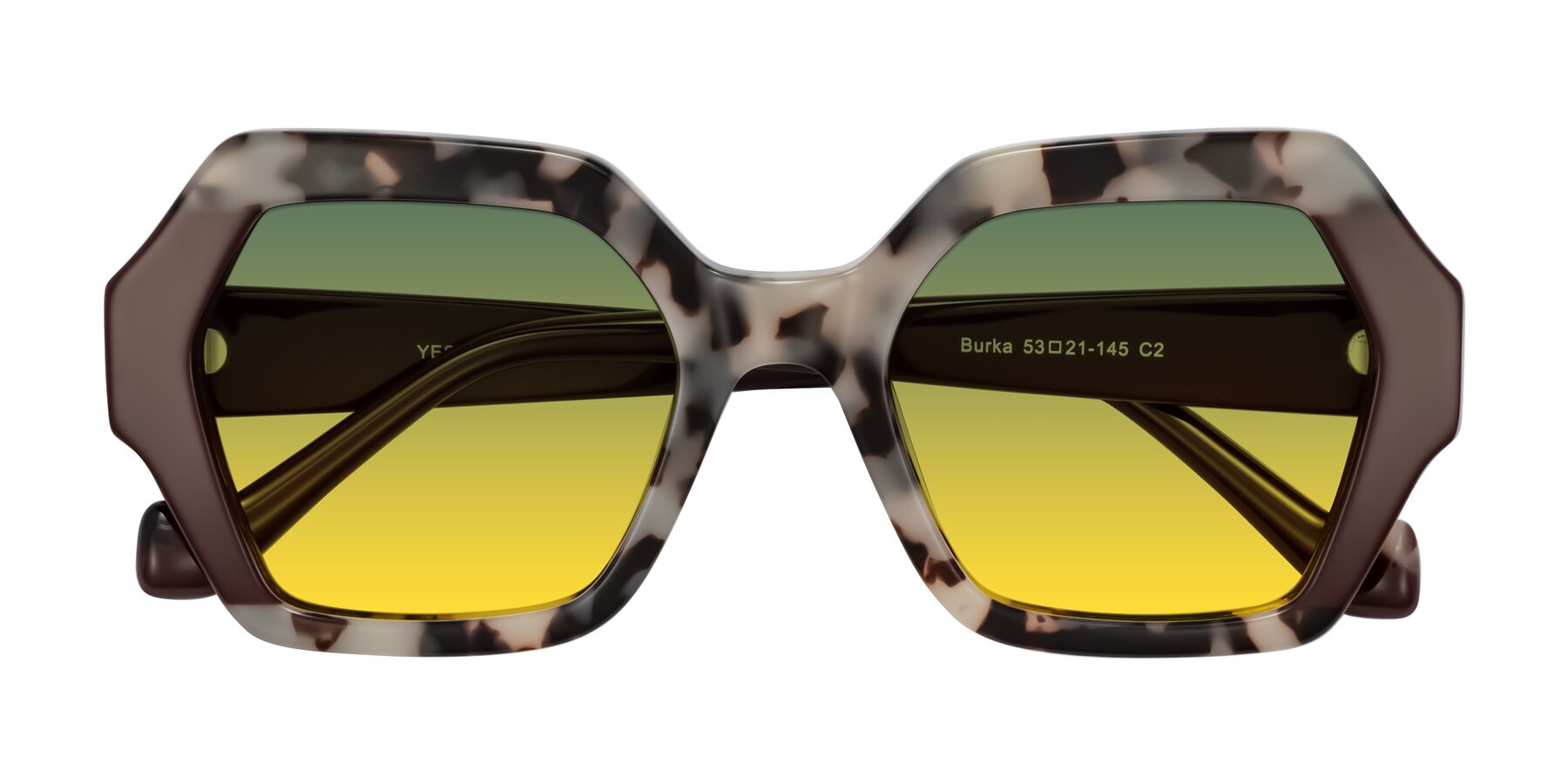 Folded Front of Burka in Ivory Tortoise/Chocolate with Green / Yellow Gradient Lenses