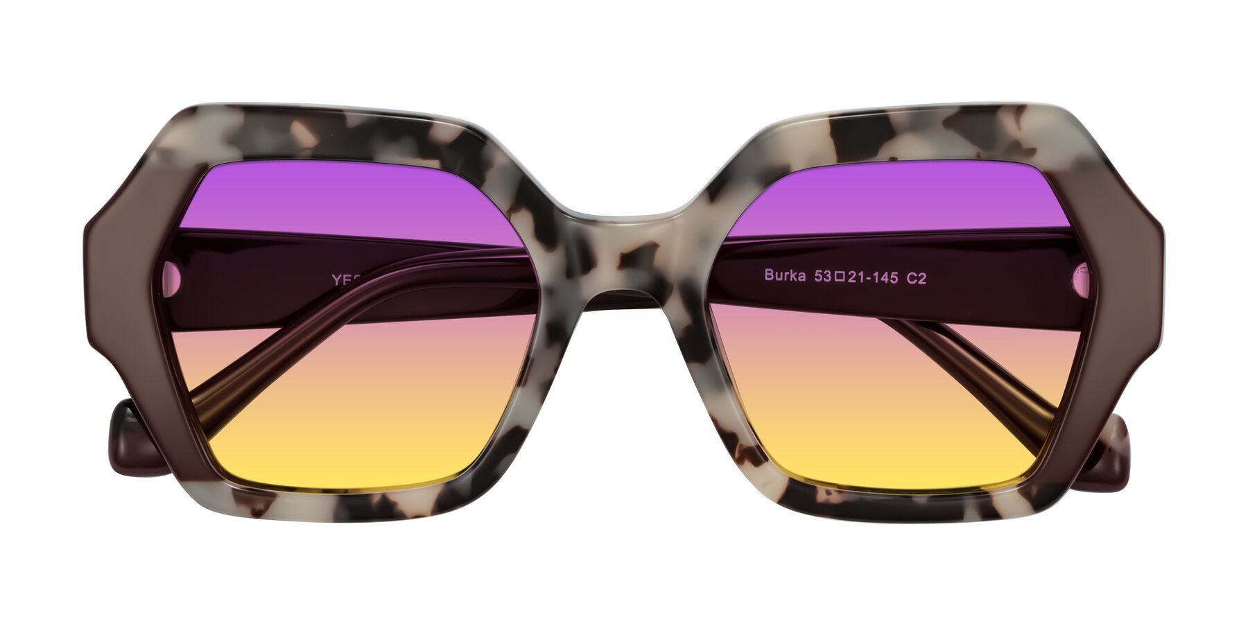 Folded Front of Burka in Ivory Tortoise/Chocolate with Purple / Yellow Gradient Lenses