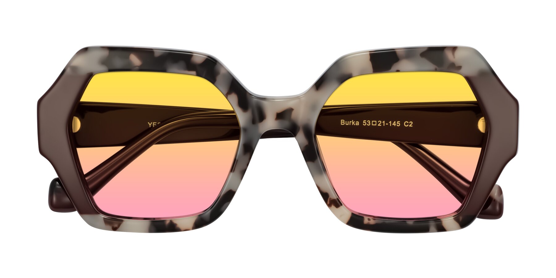 Folded Front of Burka in Ivory Tortoise/Chocolate with Yellow / Pink Gradient Lenses