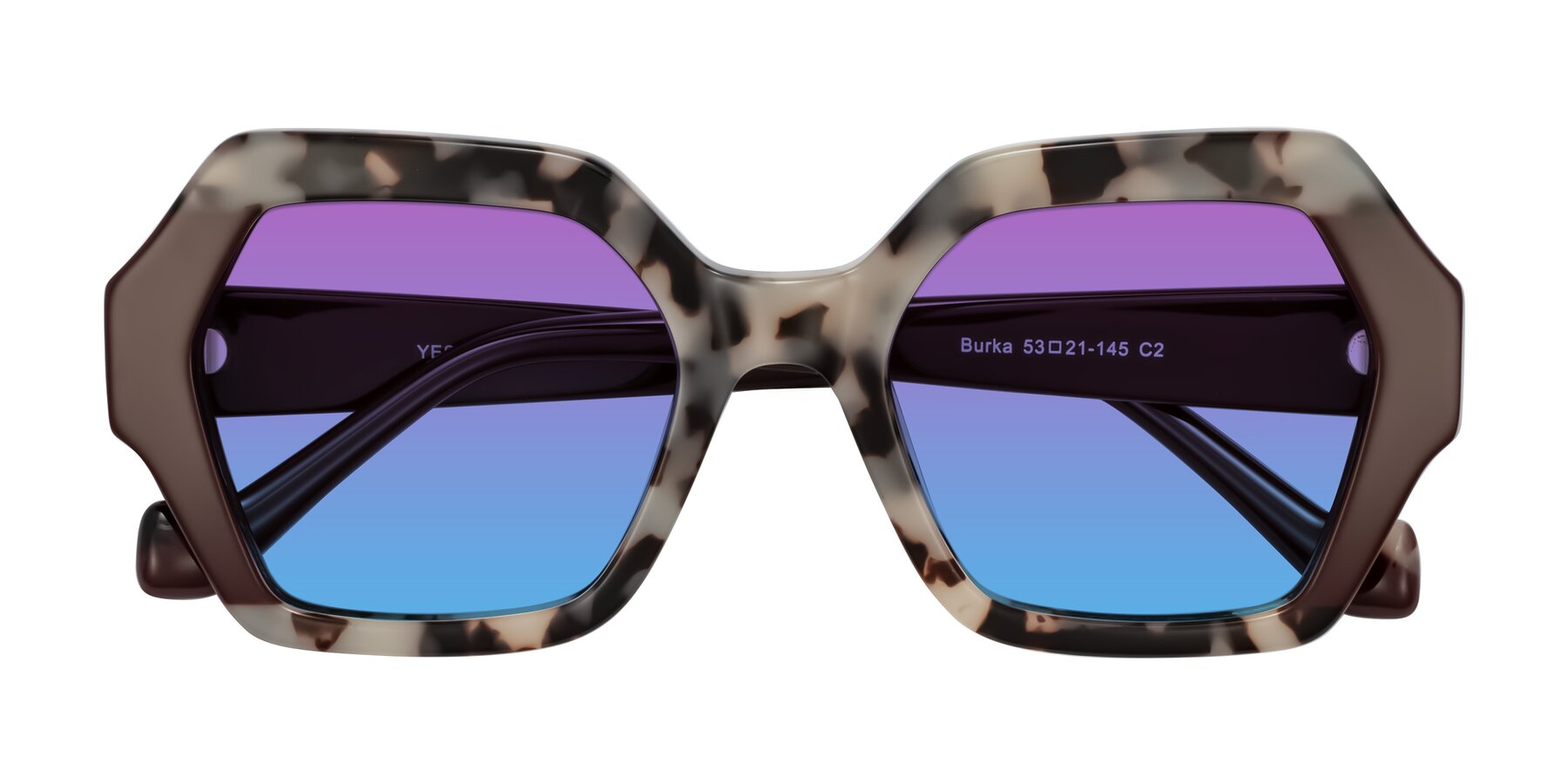 Folded Front of Burka in Ivory Tortoise/Chocolate with Purple / Blue Gradient Lenses