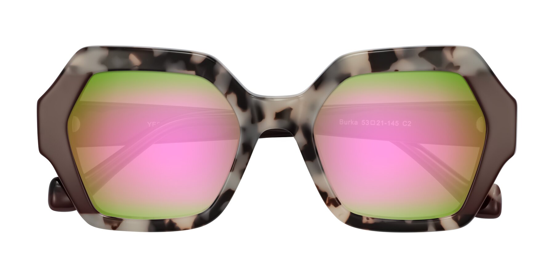 Folded Front of Burka in Ivory Tortoise/Chocolate with Pink Mirrored Lenses