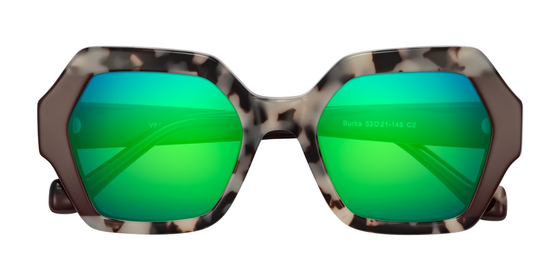 Folded Front of Burka in Ivory Tortoise/Chocolate with Green Mirrored Lenses