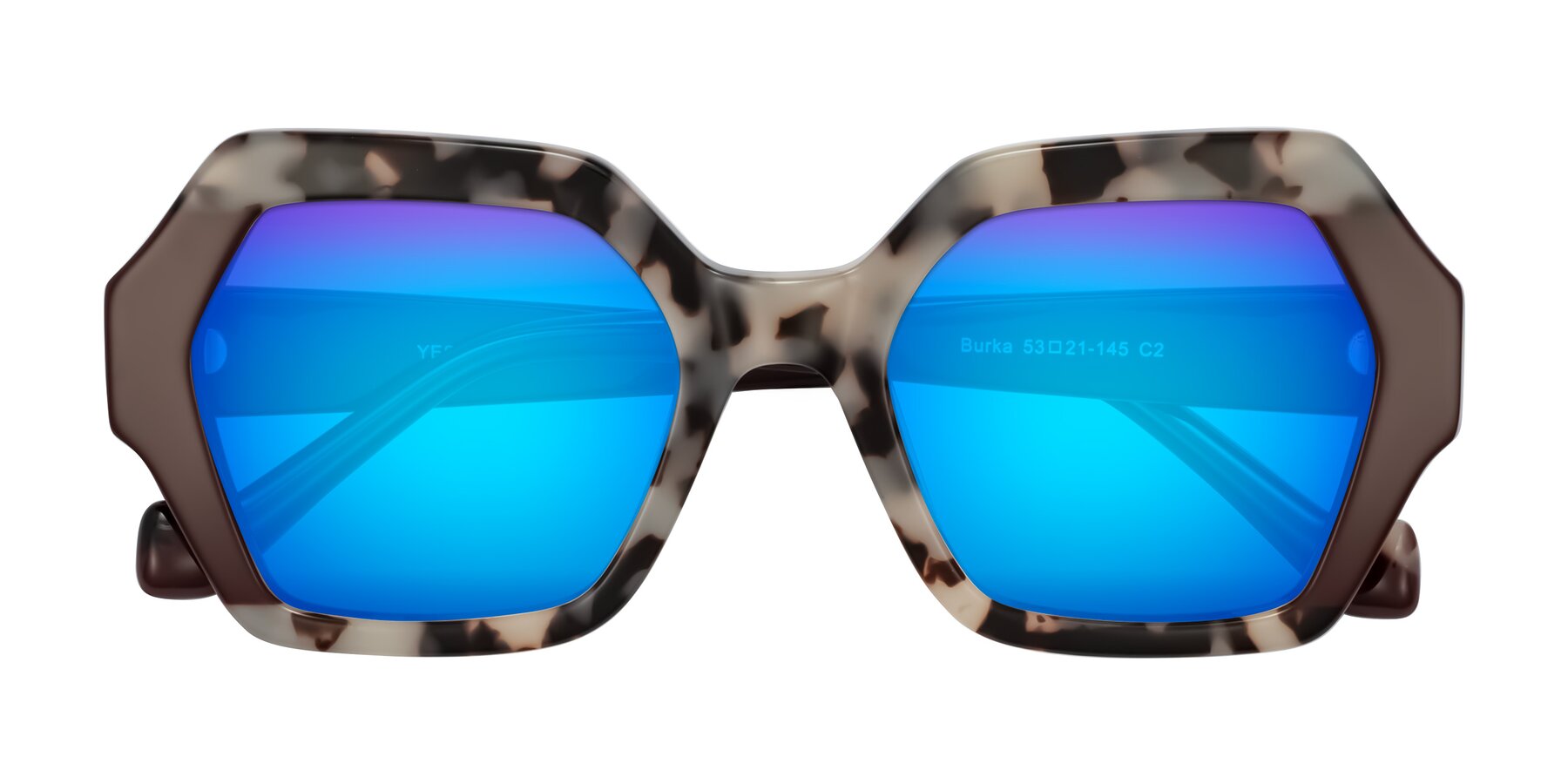 Folded Front of Burka in Ivory Tortoise/Chocolate with Blue Mirrored Lenses