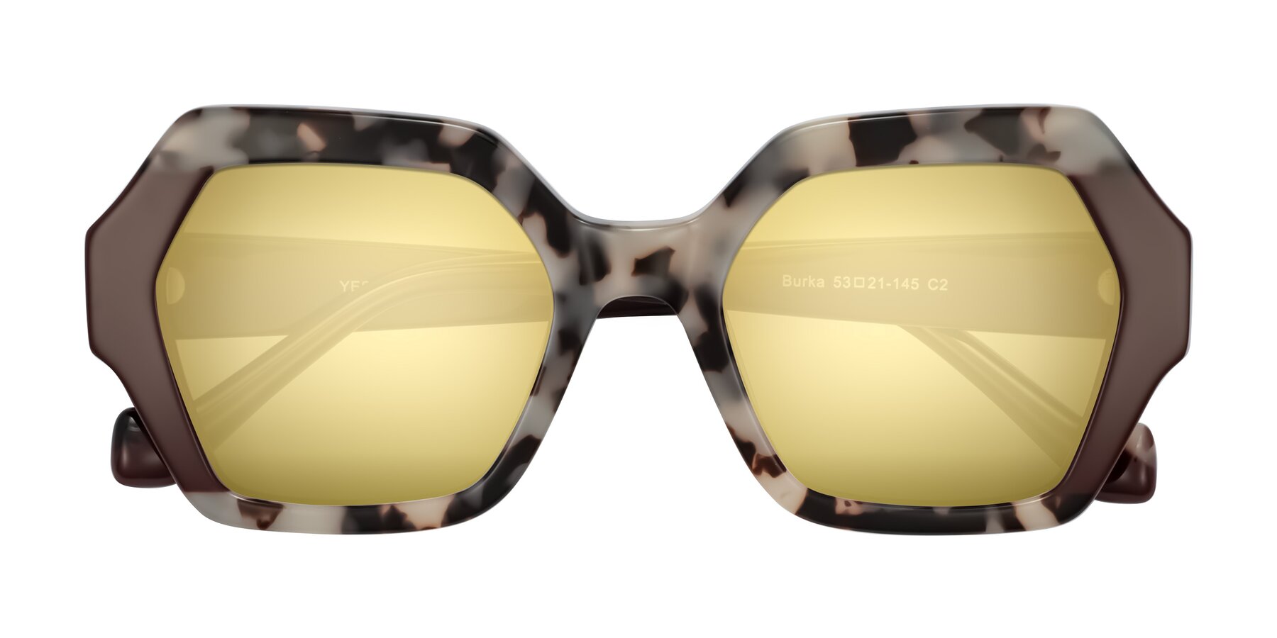 Folded Front of Burka in Ivory Tortoise/Chocolate with Gold Mirrored Lenses