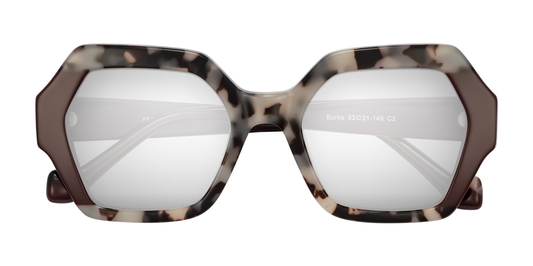 Folded Front of Burka in Ivory Tortoise/Chocolate with Silver Mirrored Lenses