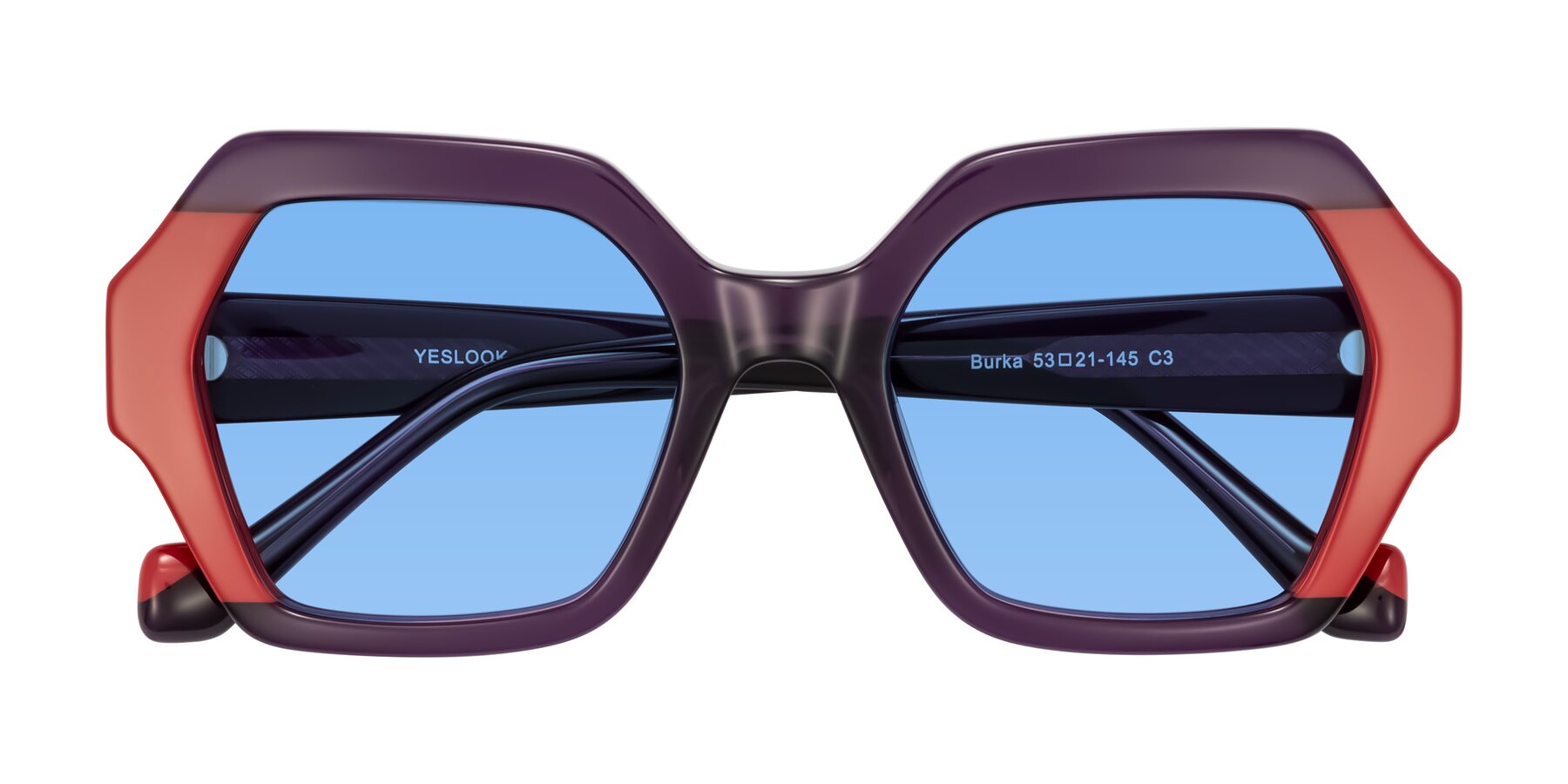 Folded Front of Burka in Eggplant/Red with Medium Blue Tinted Lenses