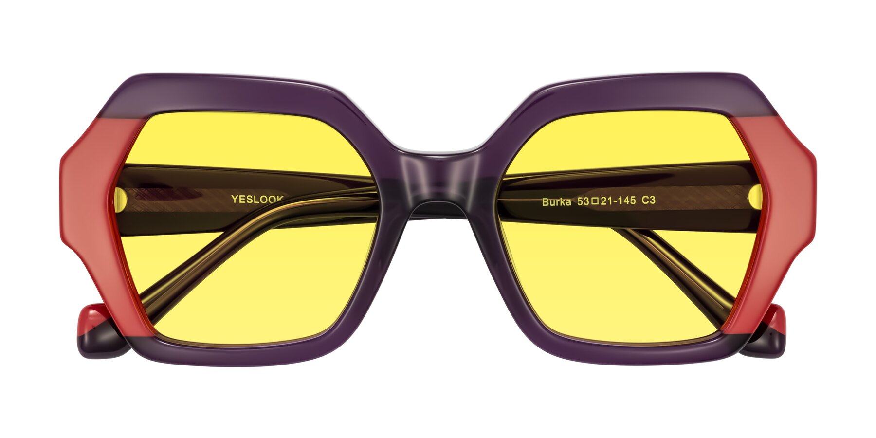 Folded Front of Burka in Eggplant/Red with Medium Yellow Tinted Lenses