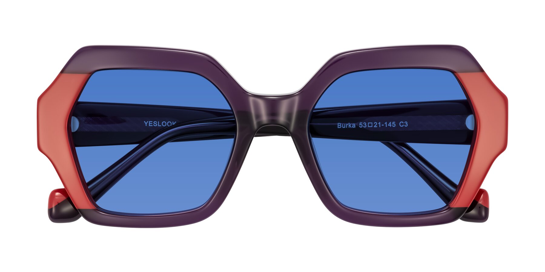 Folded Front of Burka in Eggplant/Red with Blue Tinted Lenses