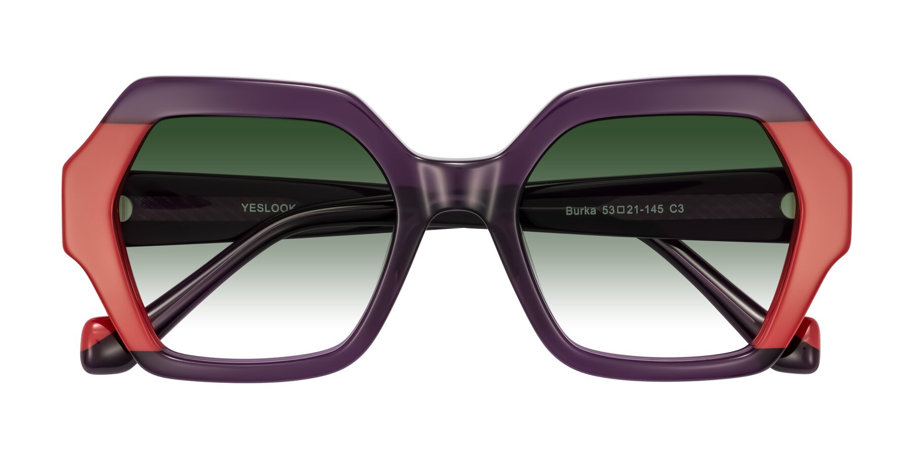 Folded Front of Burka in Eggplant/Red with Green Gradient Lenses