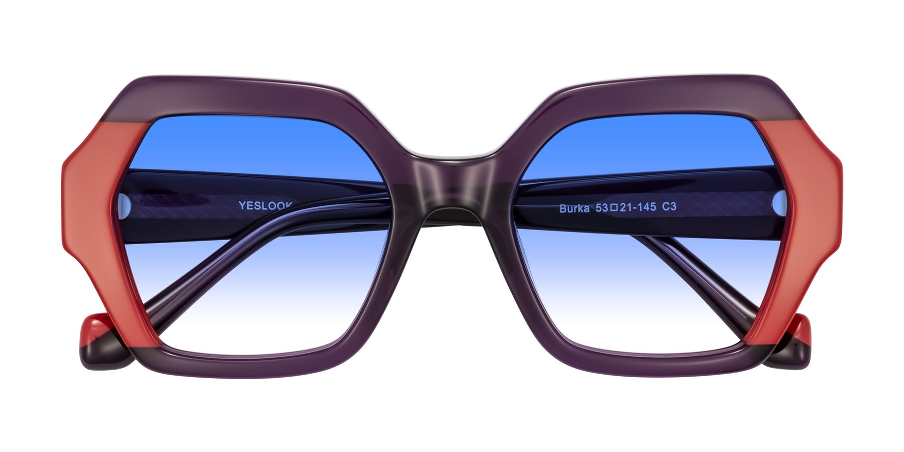 Folded Front of Burka in Eggplant/Red with Blue Gradient Lenses