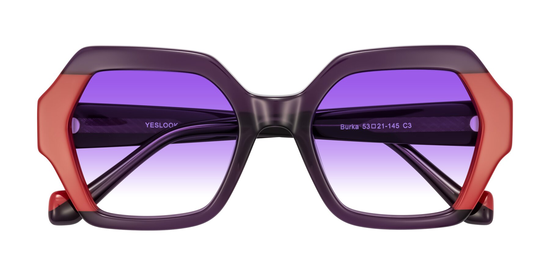 Folded Front of Burka in Eggplant/Red with Purple Gradient Lenses