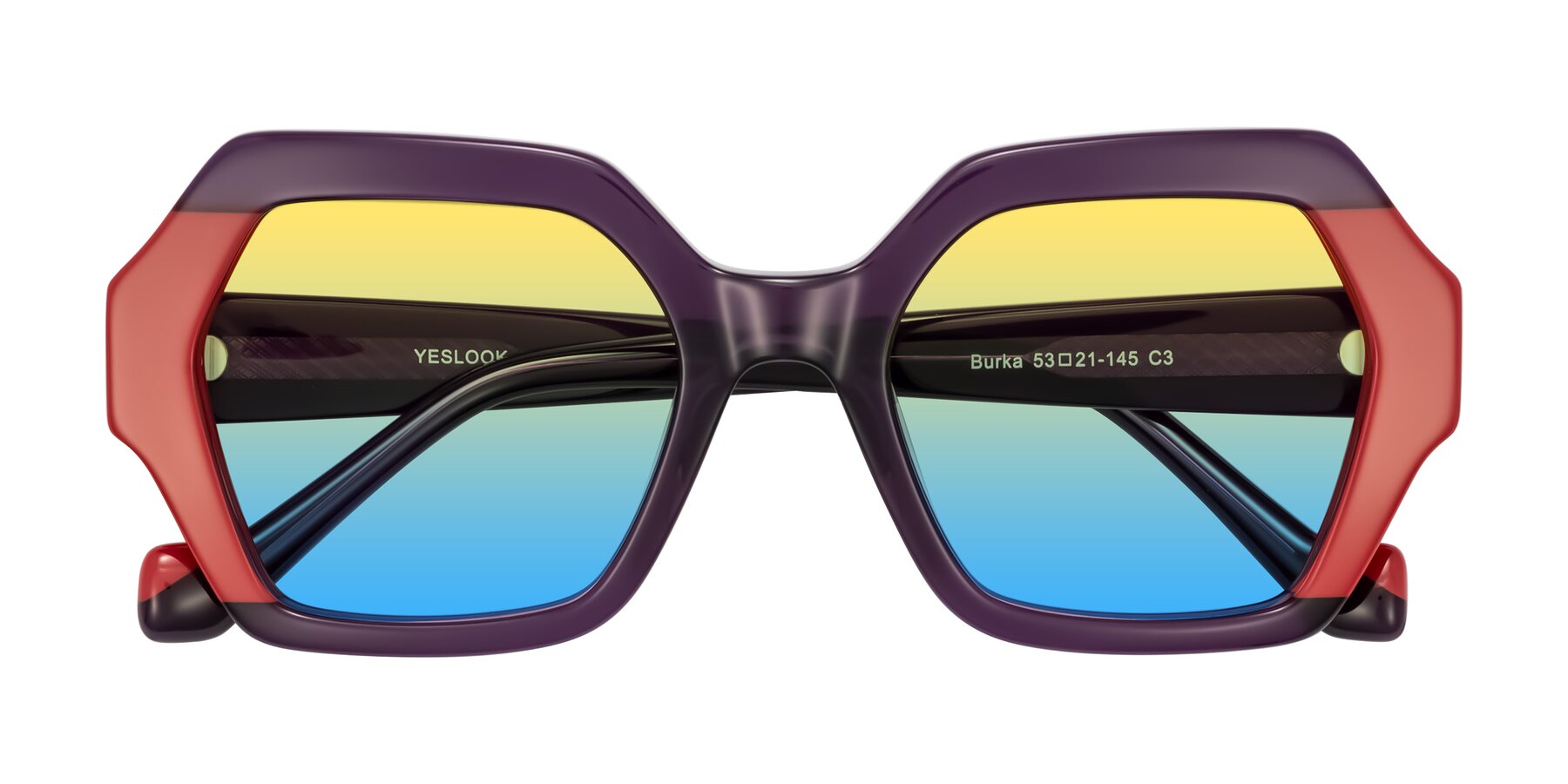 Folded Front of Burka in Eggplant/Red with Yellow / Blue Gradient Lenses