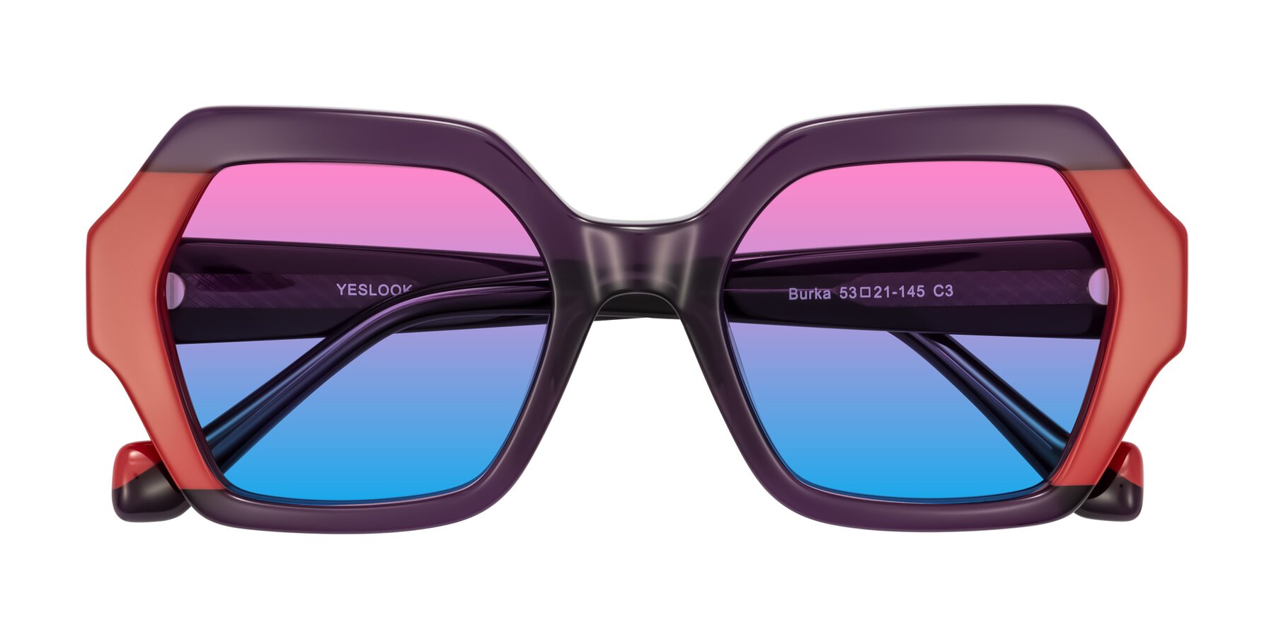 Folded Front of Burka in Eggplant/Red with Pink / Blue Gradient Lenses