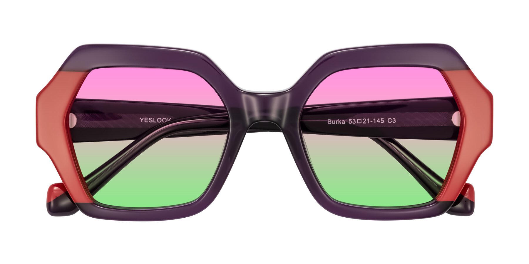 Folded Front of Burka in Eggplant/Red with Pink / Green Gradient Lenses
