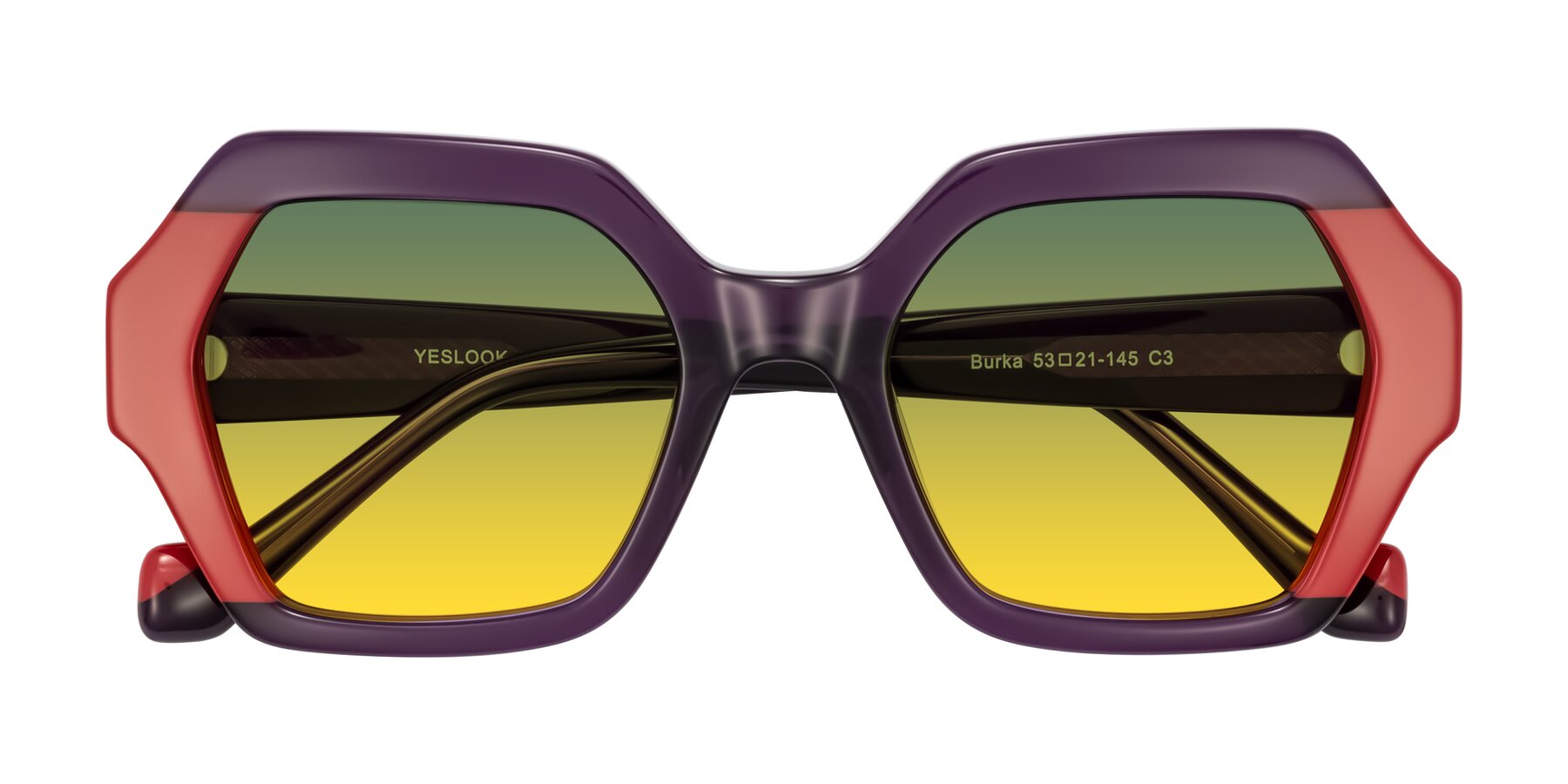 Folded Front of Burka in Eggplant/Red with Green / Yellow Gradient Lenses