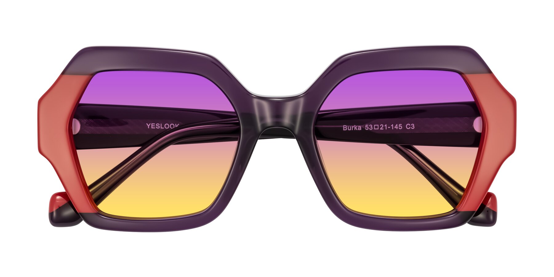 Folded Front of Burka in Eggplant/Red with Purple / Yellow Gradient Lenses