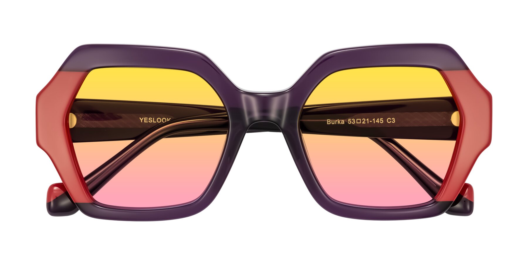 Folded Front of Burka in Eggplant/Red with Yellow / Pink Gradient Lenses
