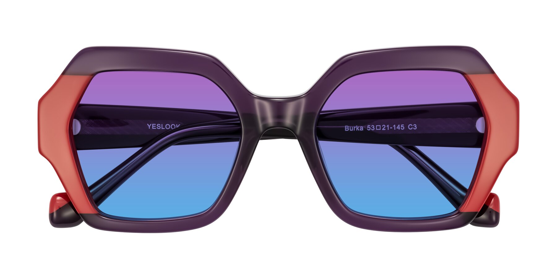 Folded Front of Burka in Eggplant/Red with Purple / Blue Gradient Lenses