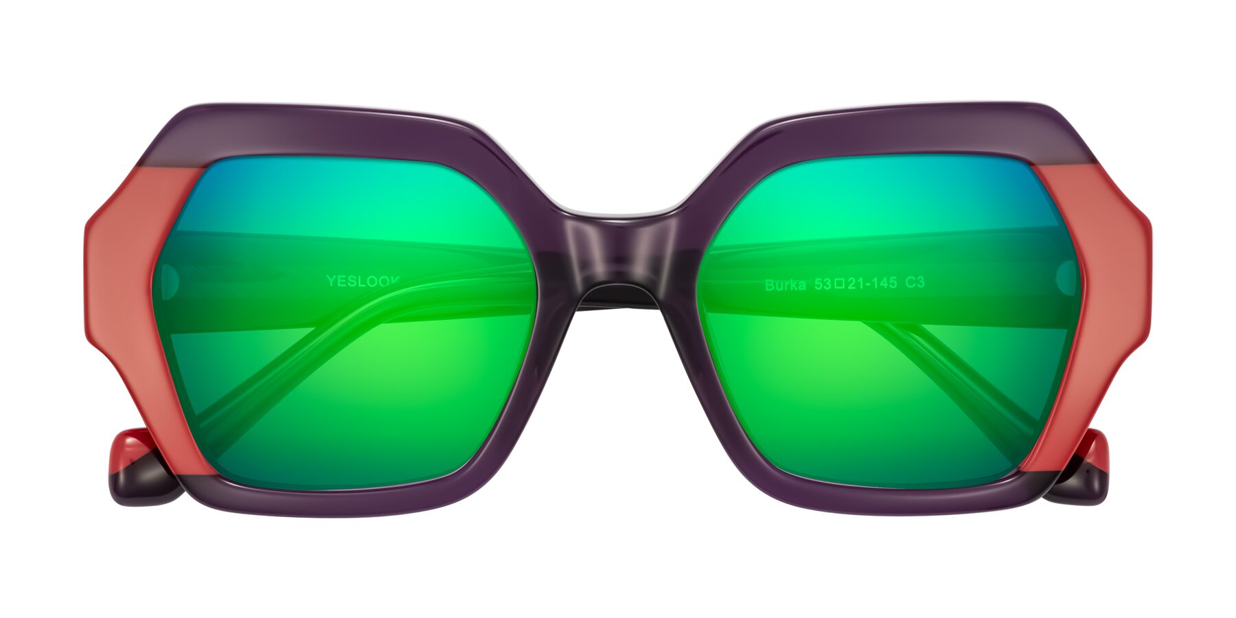 Folded Front of Burka in Eggplant/Red with Green Mirrored Lenses