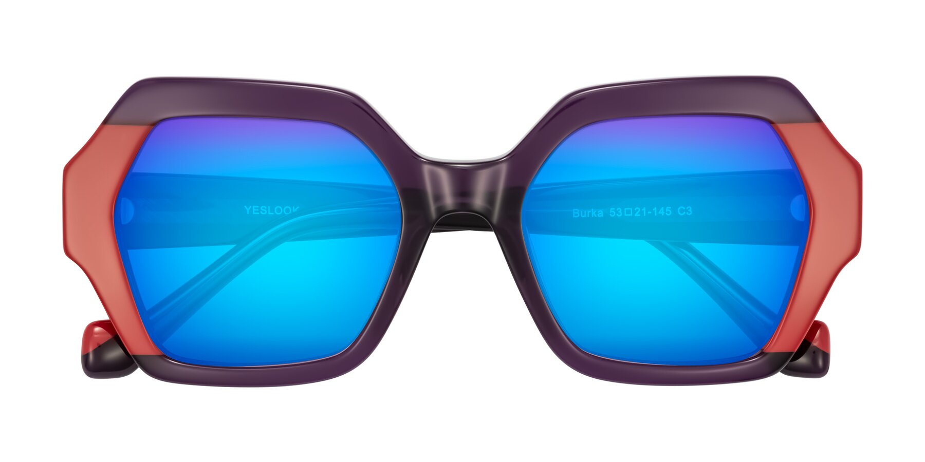 Folded Front of Burka in Eggplant/Red with Blue Mirrored Lenses