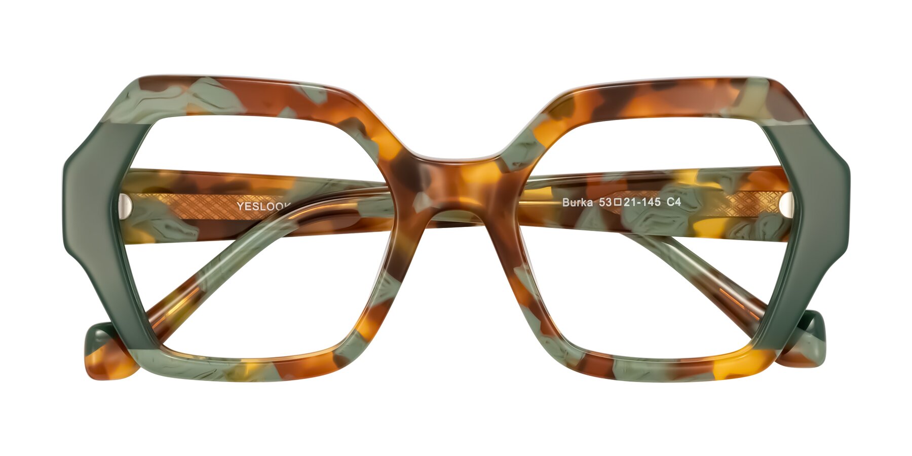 Folded Front of Burka in Tortoise/Green with Clear Eyeglass Lenses