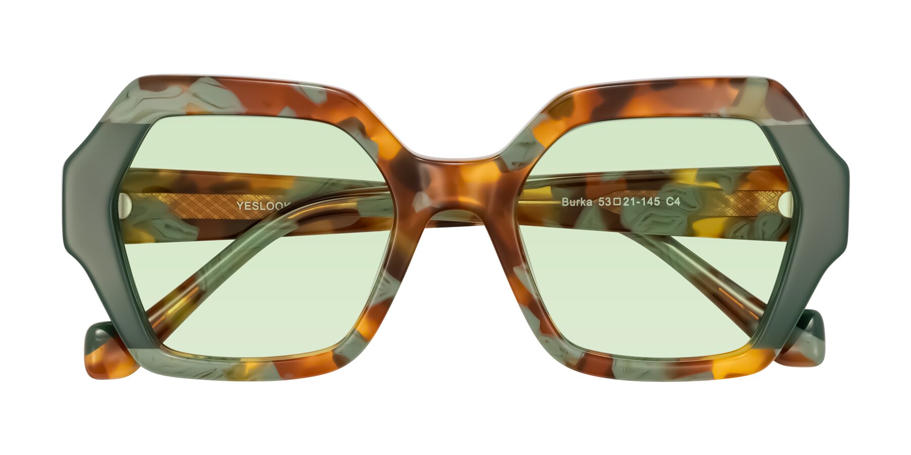 Folded Front of Burka in Tortoise/Green with Light Green Tinted Lenses