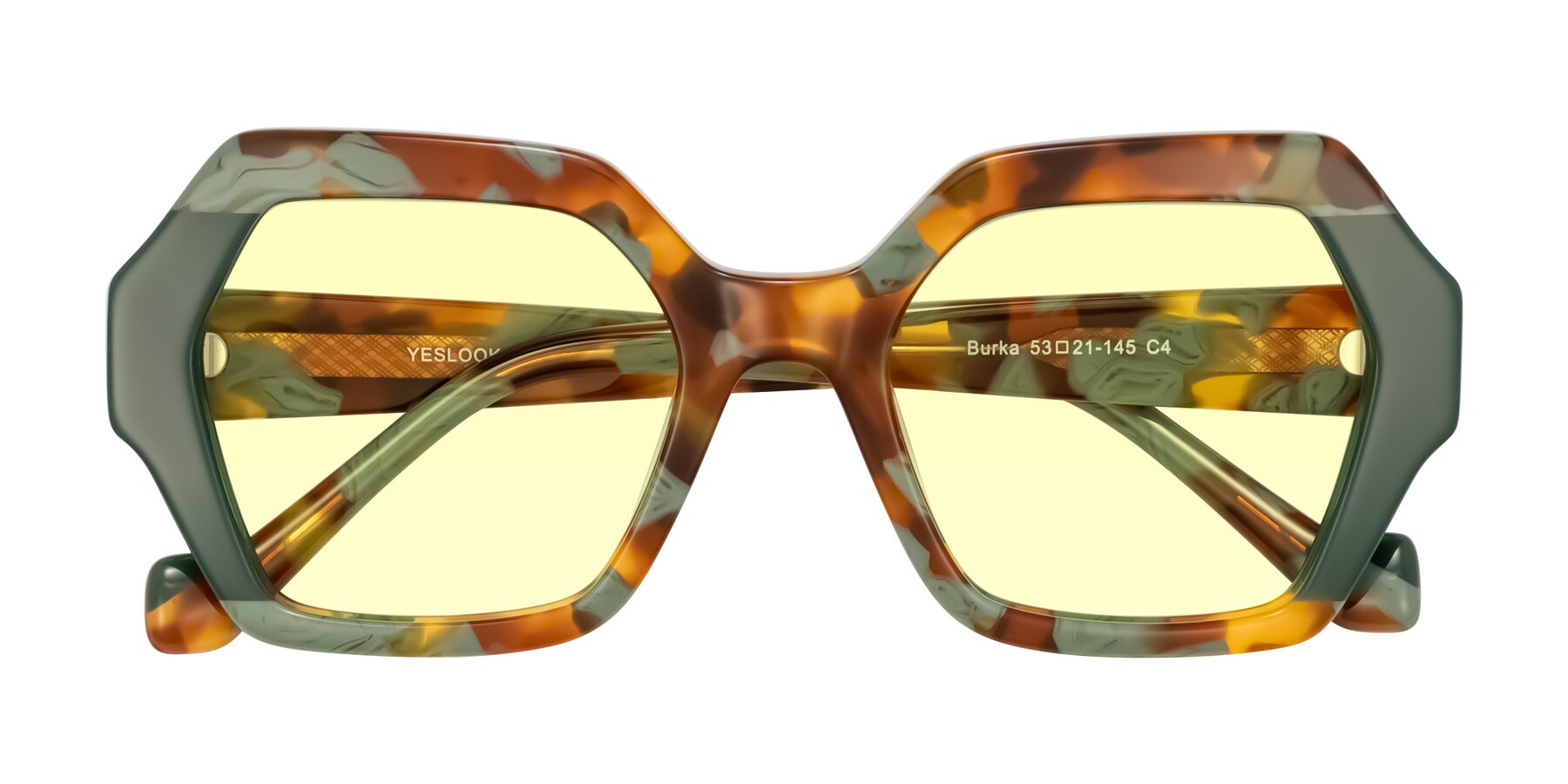 Folded Front of Burka in Tortoise/Green with Light Yellow Tinted Lenses