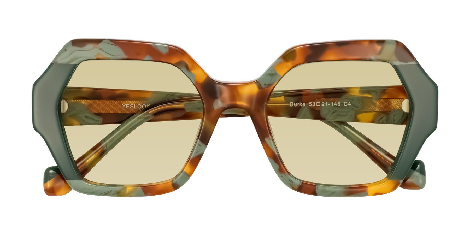 Folded Front of Burka in Tortoise/Green with Light Champagne Tinted Lenses