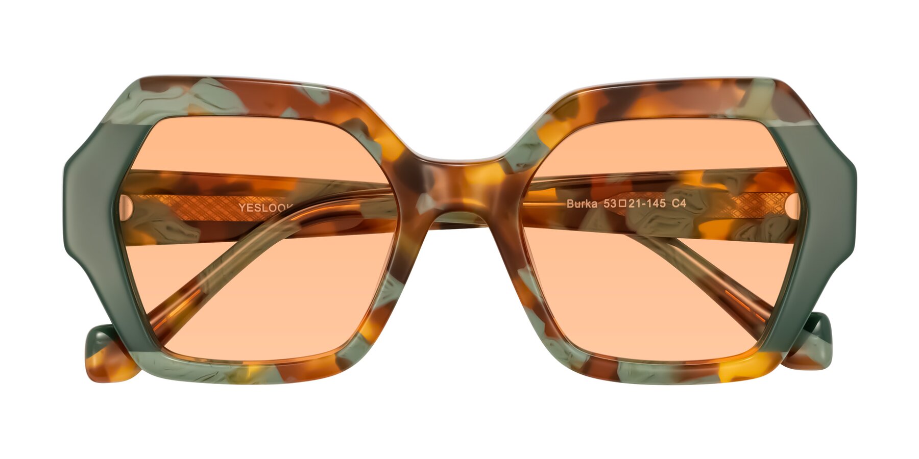 Folded Front of Burka in Tortoise/Green with Light Orange Tinted Lenses