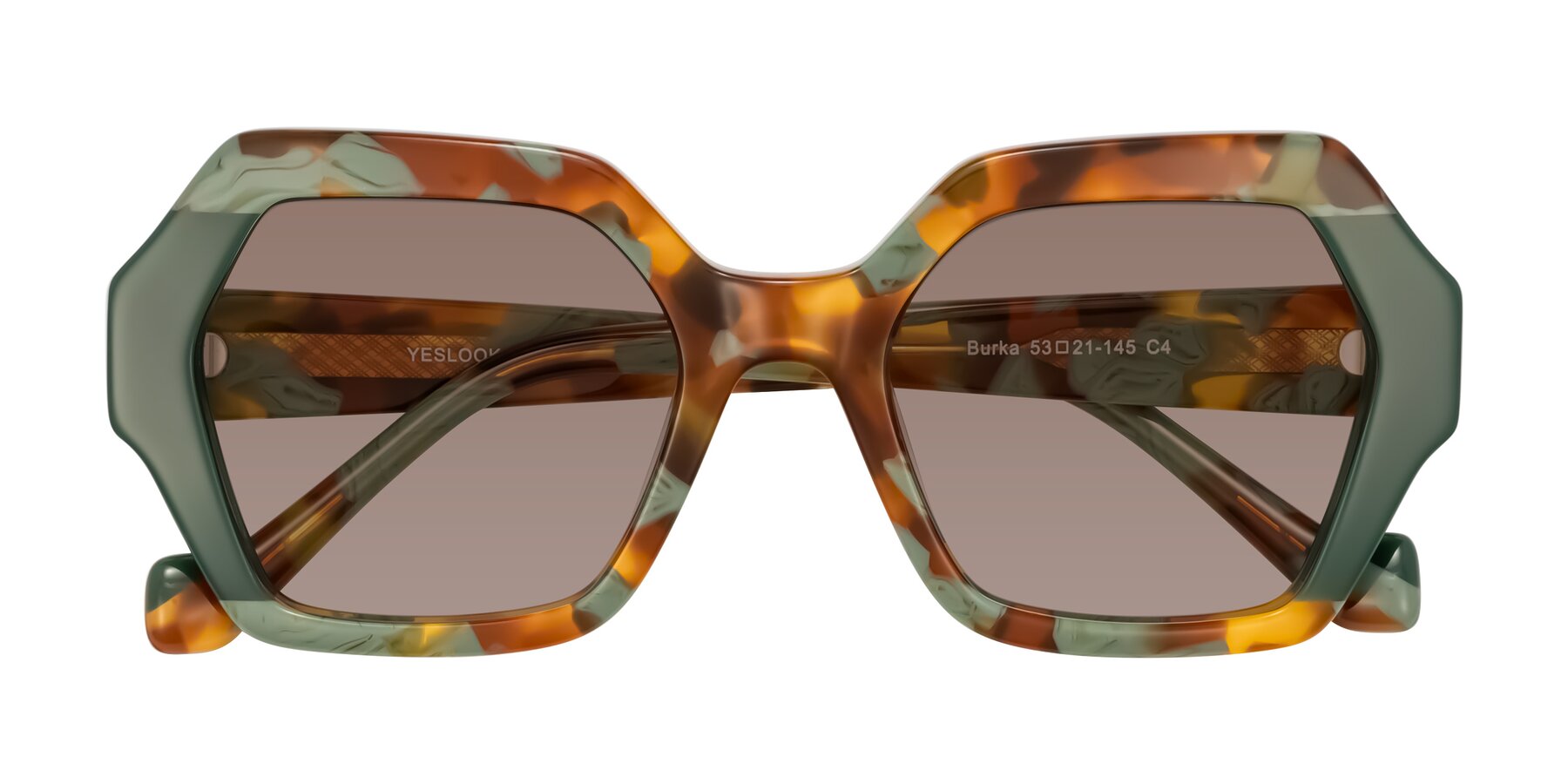Folded Front of Burka in Tortoise/Green with Medium Brown Tinted Lenses