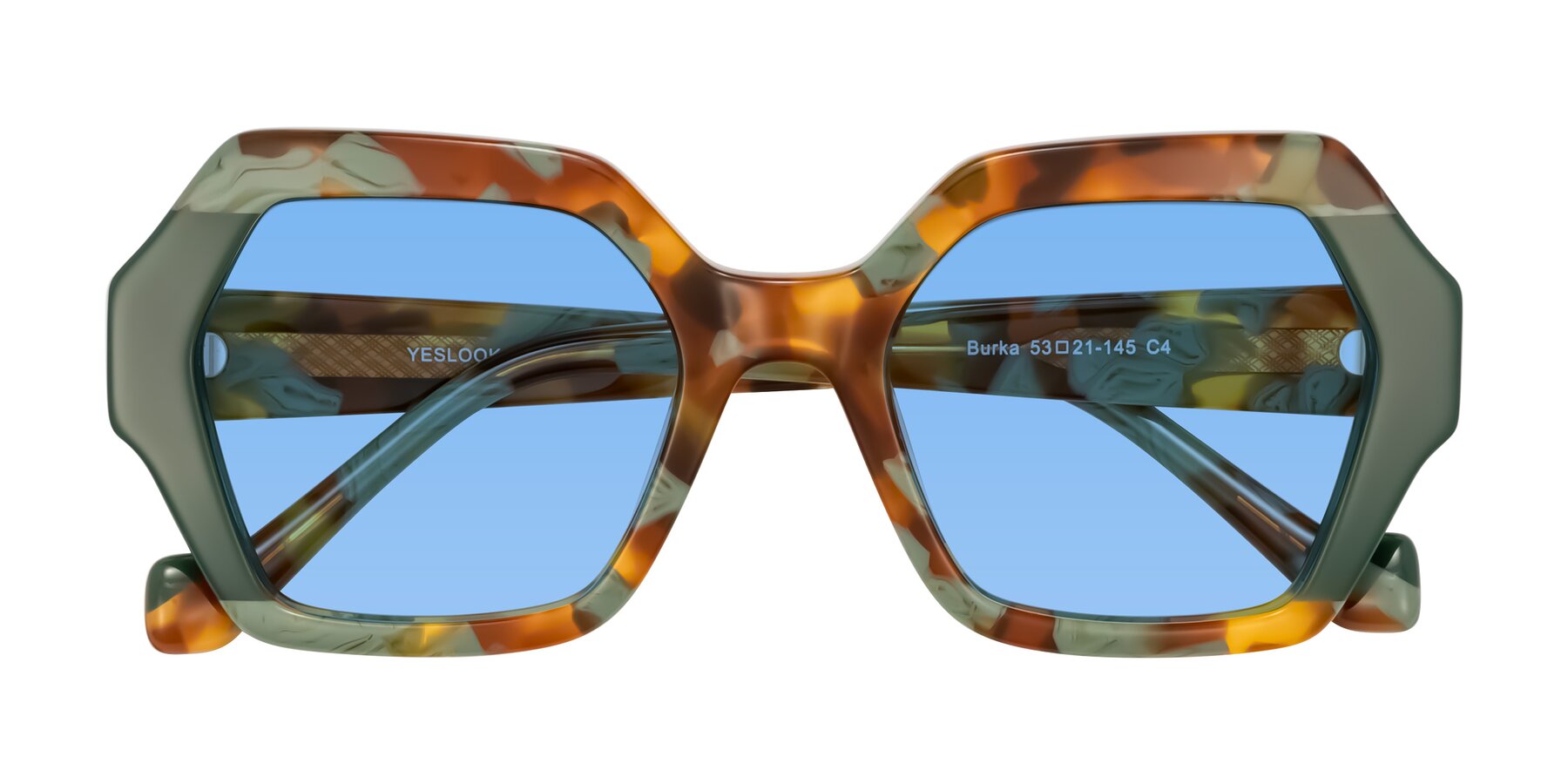 Folded Front of Burka in Tortoise/Green with Medium Blue Tinted Lenses