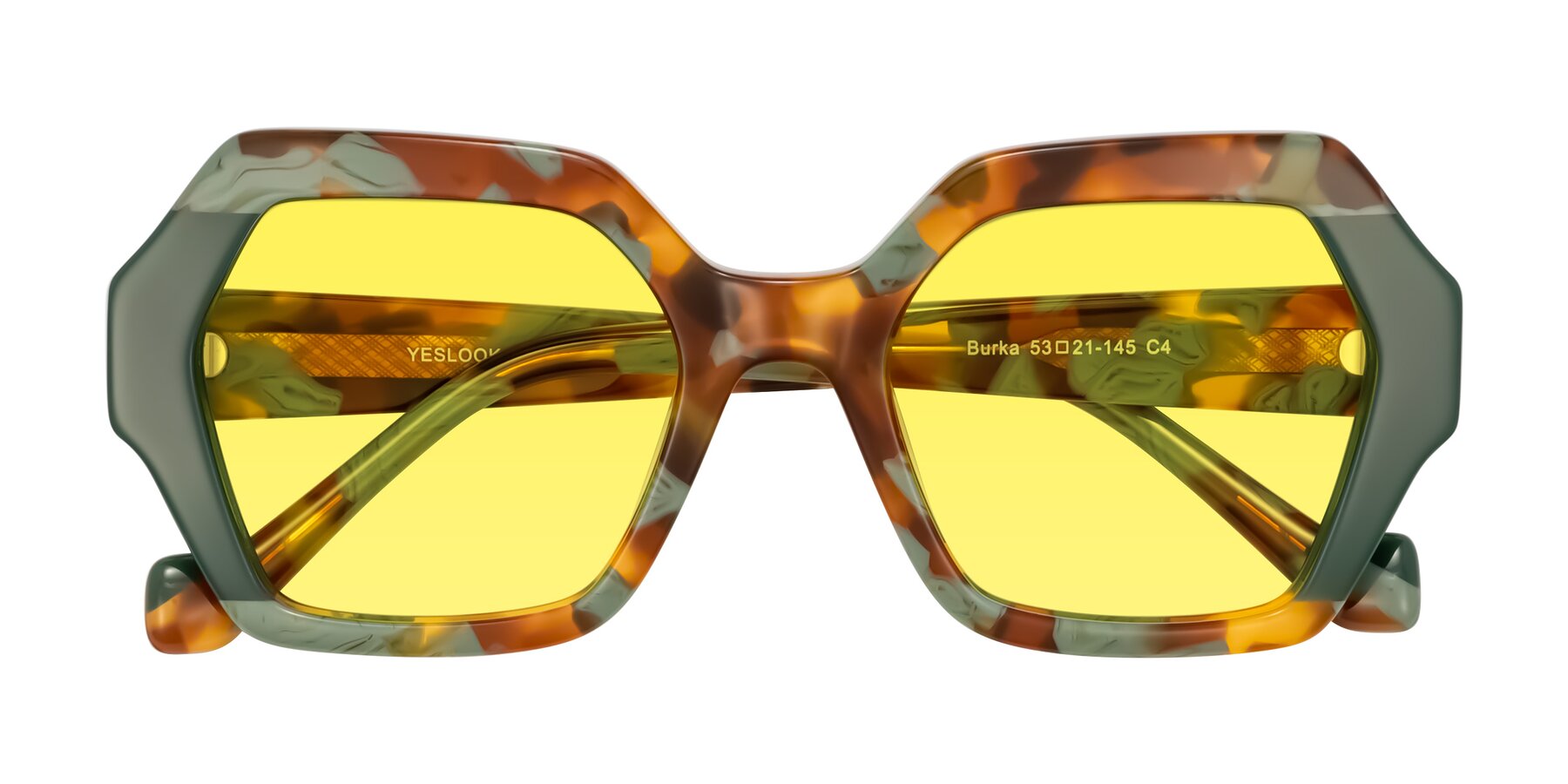 Folded Front of Burka in Tortoise/Green with Medium Yellow Tinted Lenses