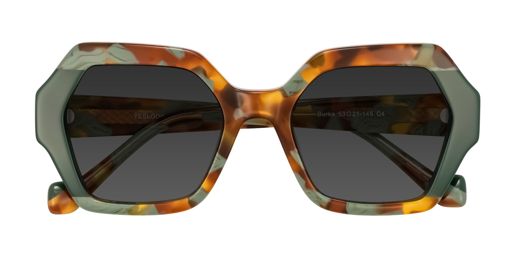 Folded Front of Burka in Tortoise/Green with Gray Tinted Lenses