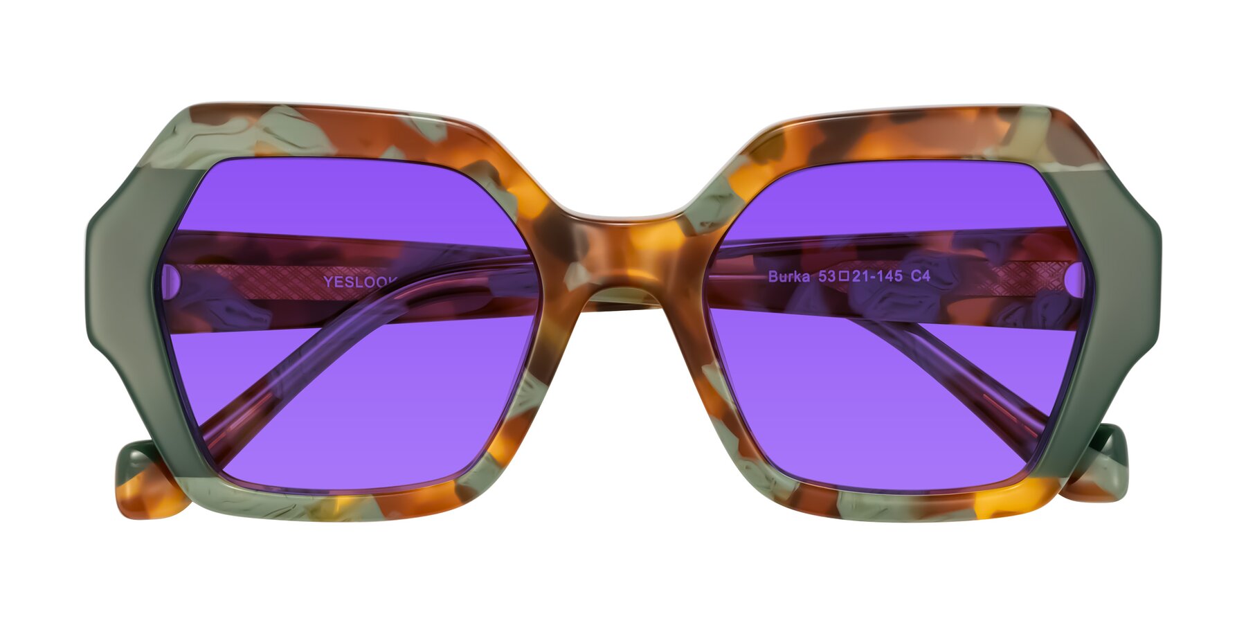 Folded Front of Burka in Tortoise/Green with Purple Tinted Lenses