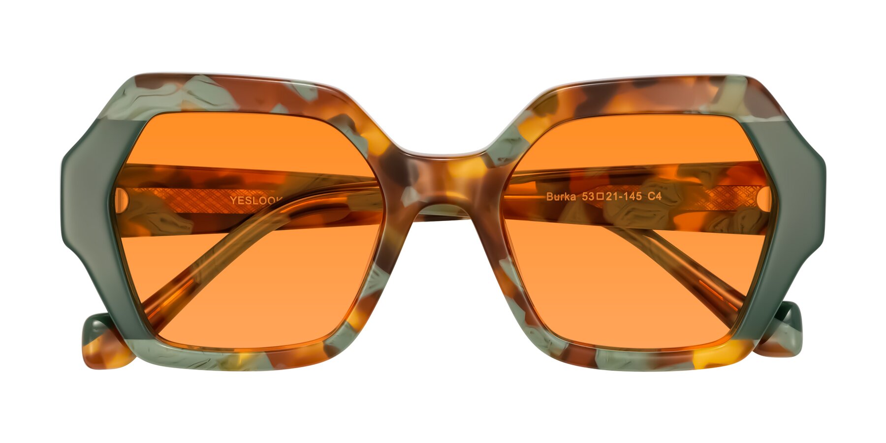 Folded Front of Burka in Tortoise/Green with Orange Tinted Lenses