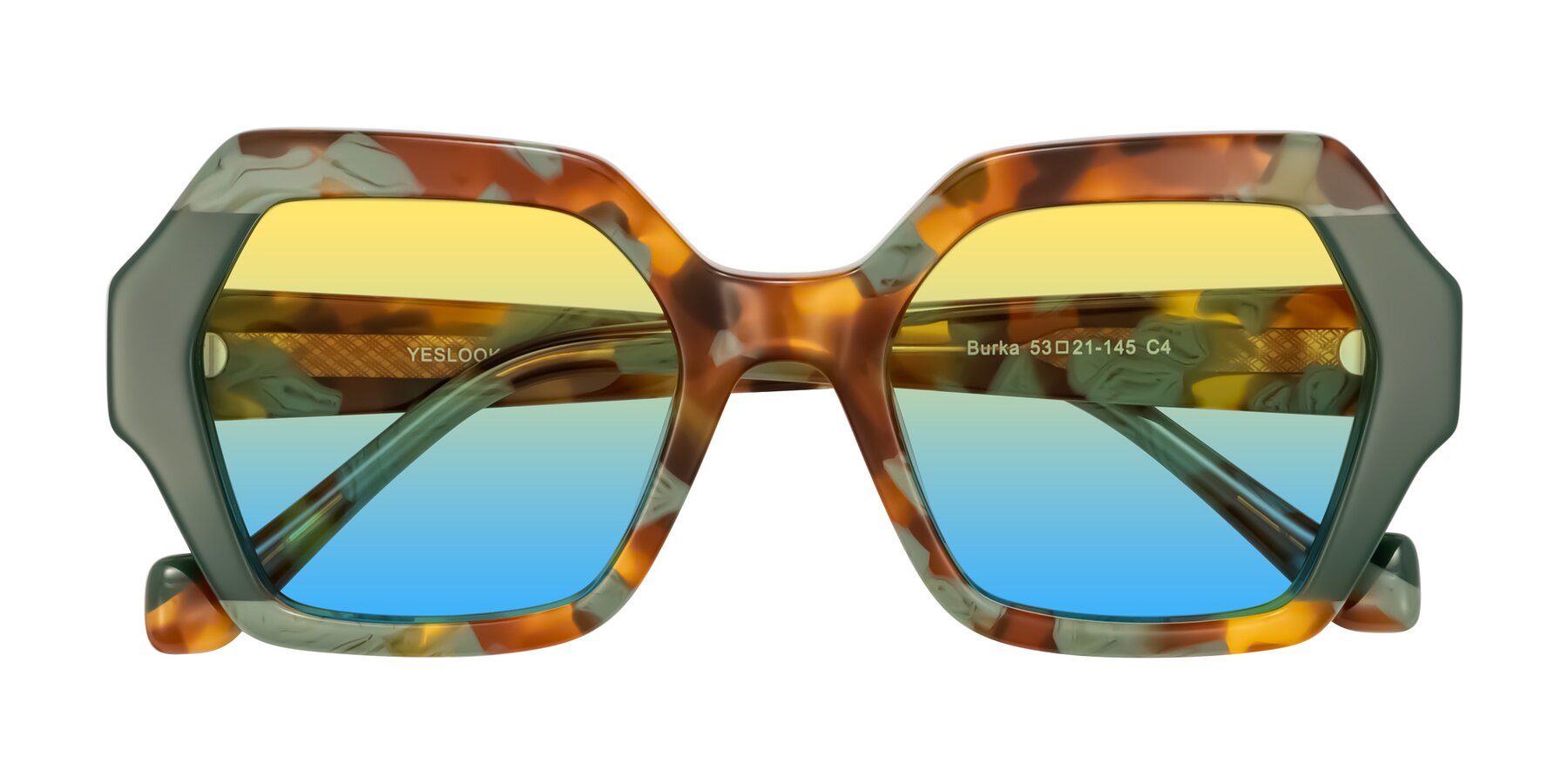 Folded Front of Burka in Tortoise/Green with Yellow / Blue Gradient Lenses