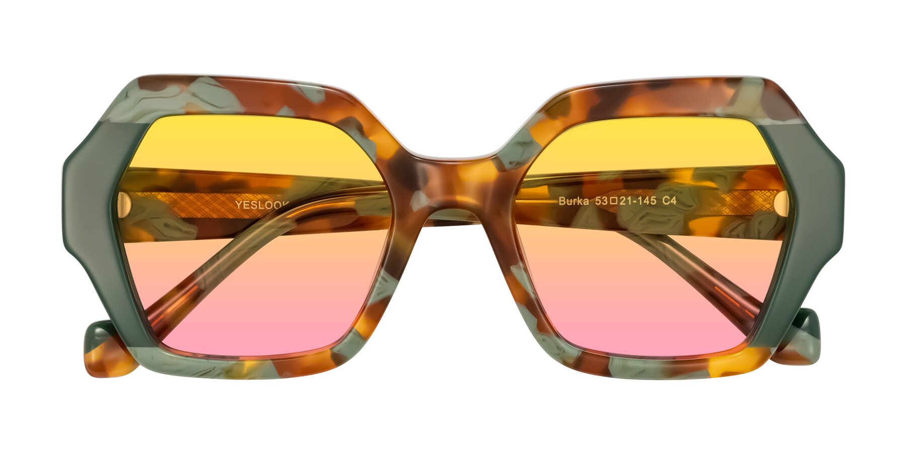 Folded Front of Burka in Tortoise/Green with Yellow / Pink Gradient Lenses