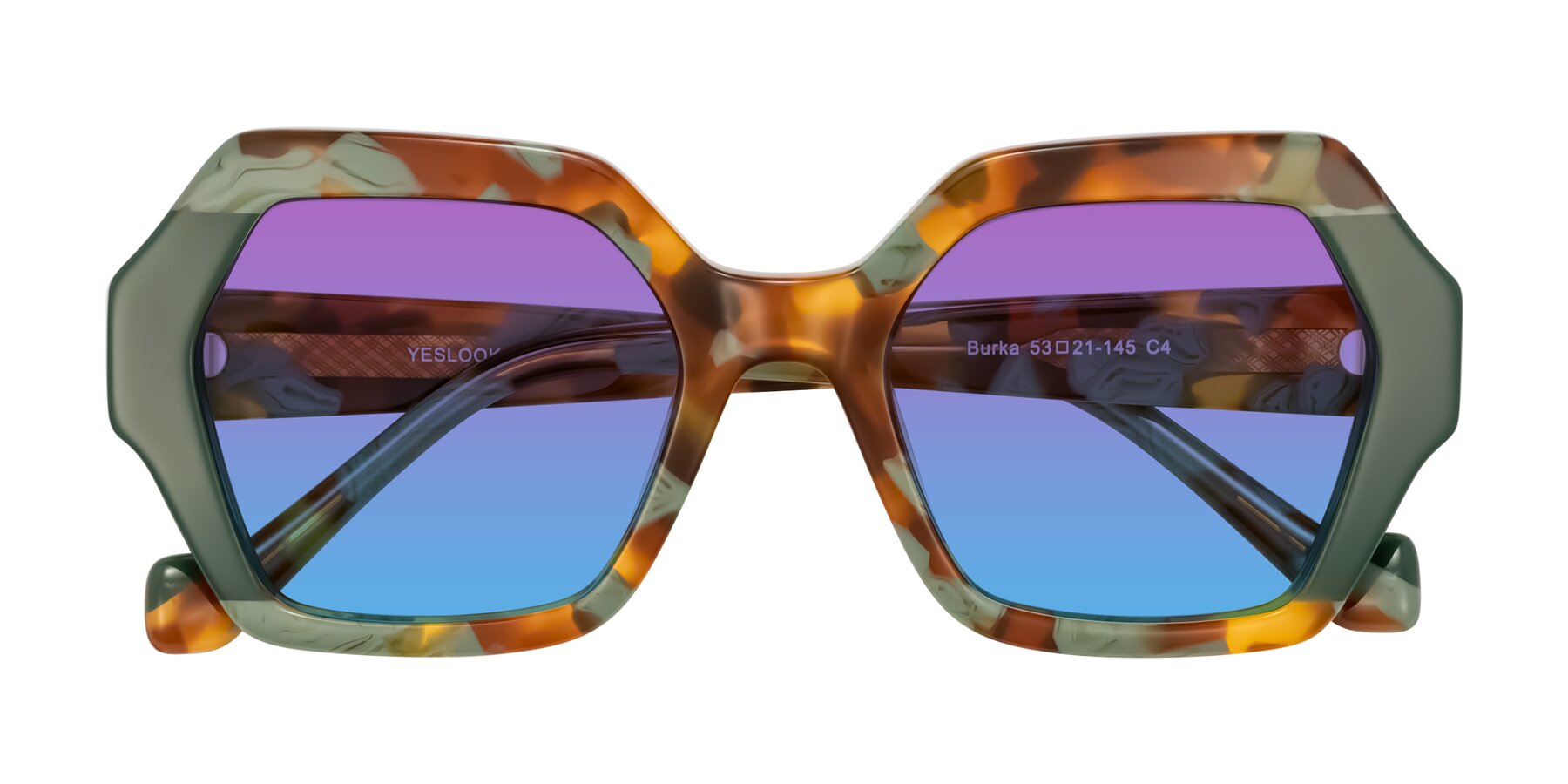 Folded Front of Burka in Tortoise/Green with Purple / Blue Gradient Lenses