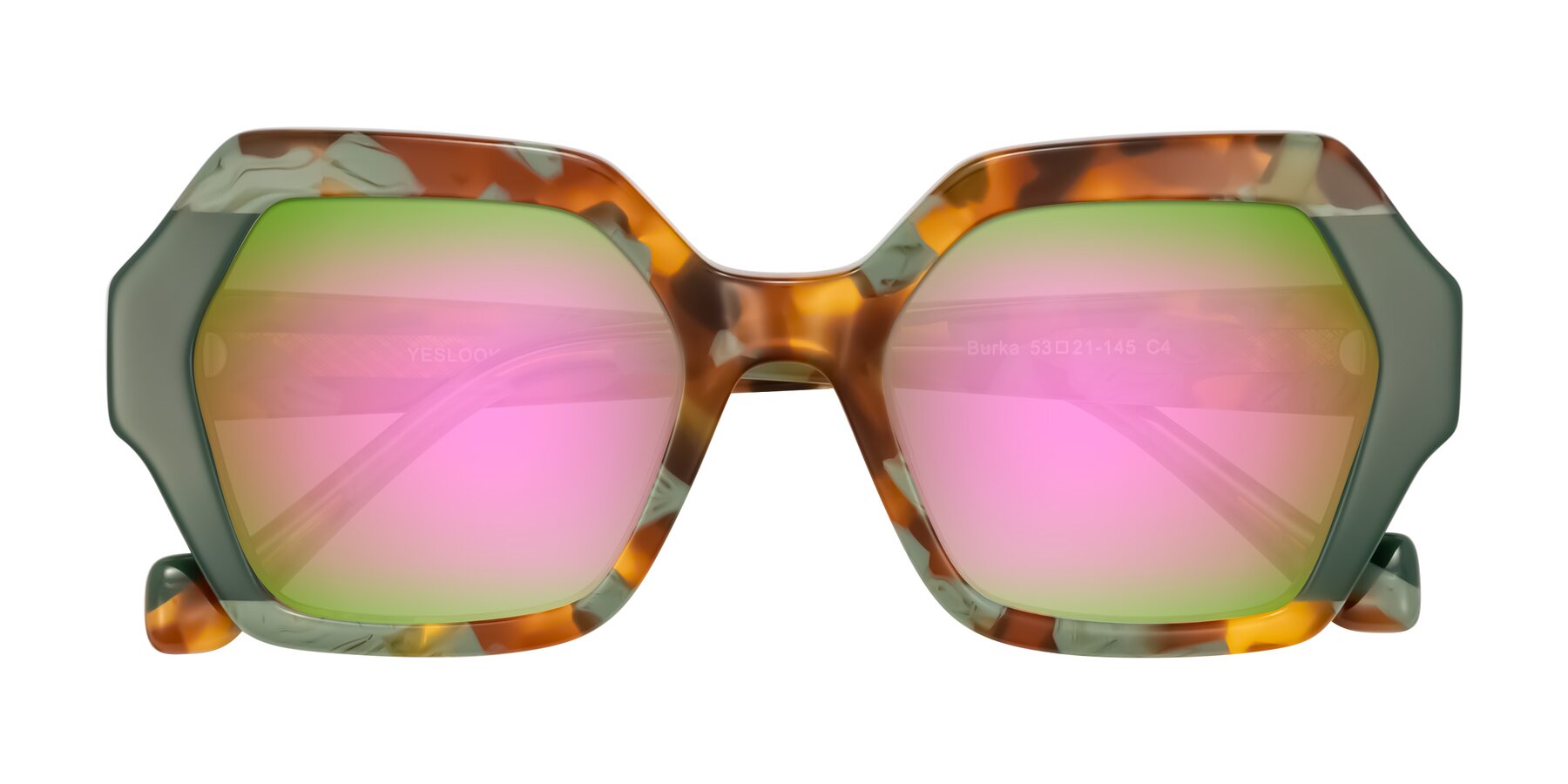 Folded Front of Burka in Tortoise/Green with Pink Mirrored Lenses