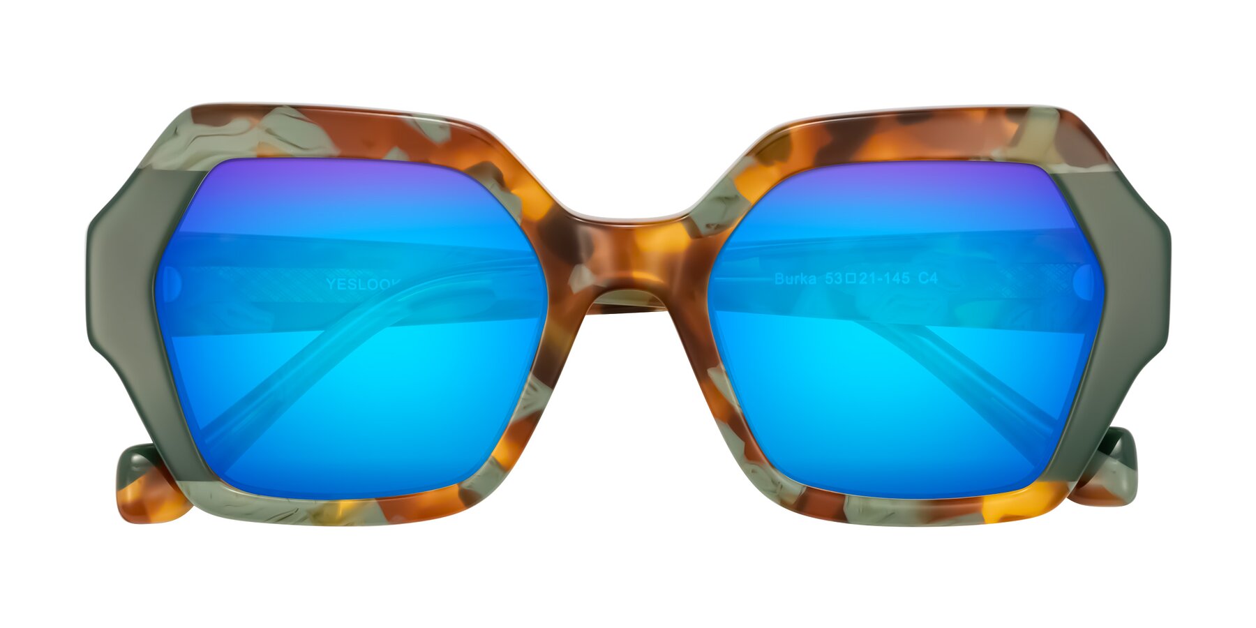 Folded Front of Burka in Tortoise/Green with Blue Mirrored Lenses