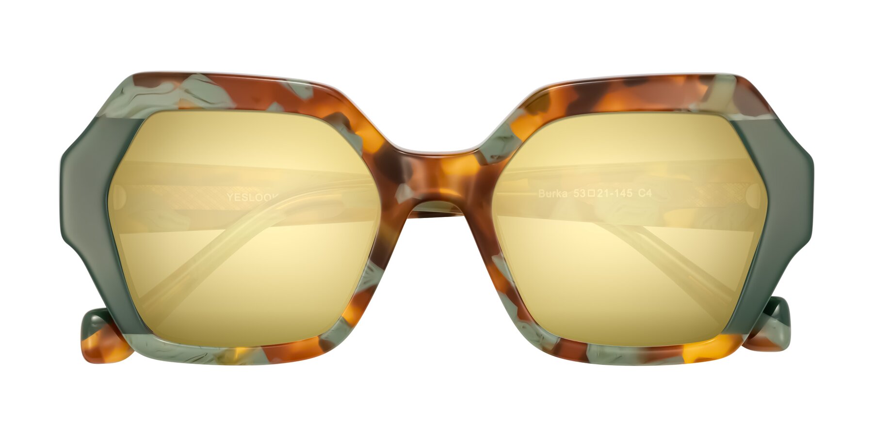 Folded Front of Burka in Tortoise/Green with Gold Mirrored Lenses