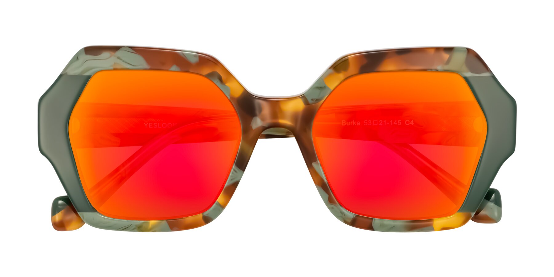 Folded Front of Burka in Tortoise/Green with Red Gold Mirrored Lenses