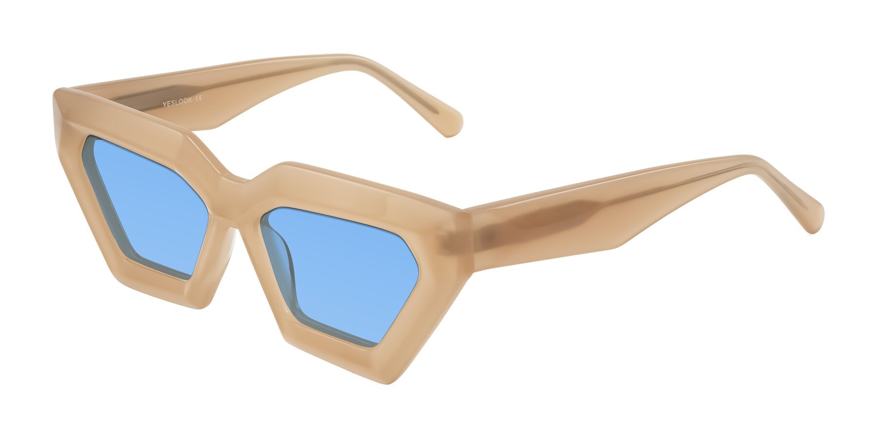 Angle of Giptoo in Creamy Beige with Medium Blue Tinted Lenses