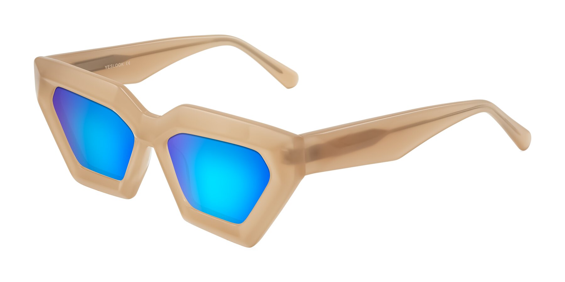 Angle of Giptoo in Creamy Beige with Blue Mirrored Lenses