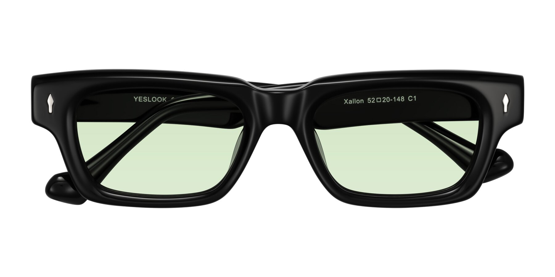 Folded Front of Xallon in Black with Light Green Tinted Lenses