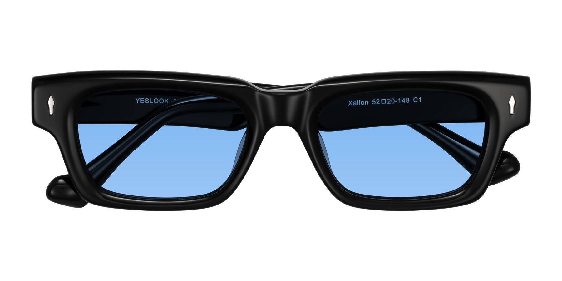 Folded Front of Xallon in Black with Medium Blue Tinted Lenses