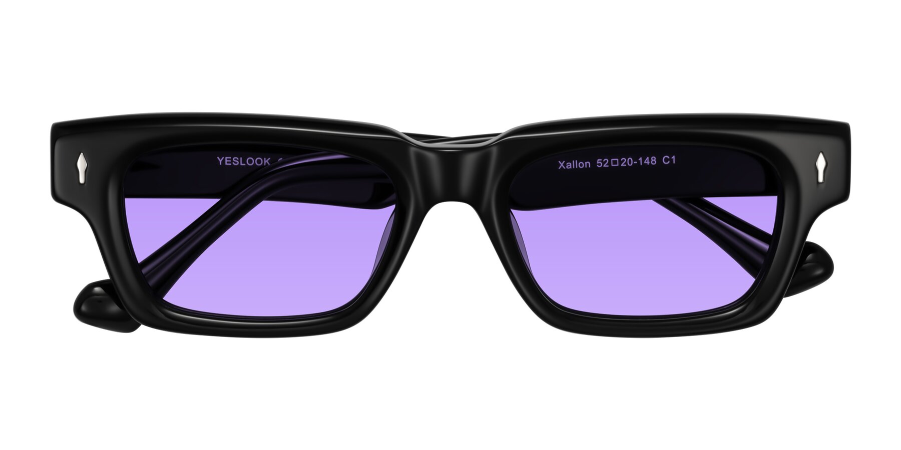 Folded Front of Xallon in Black with Medium Purple Tinted Lenses