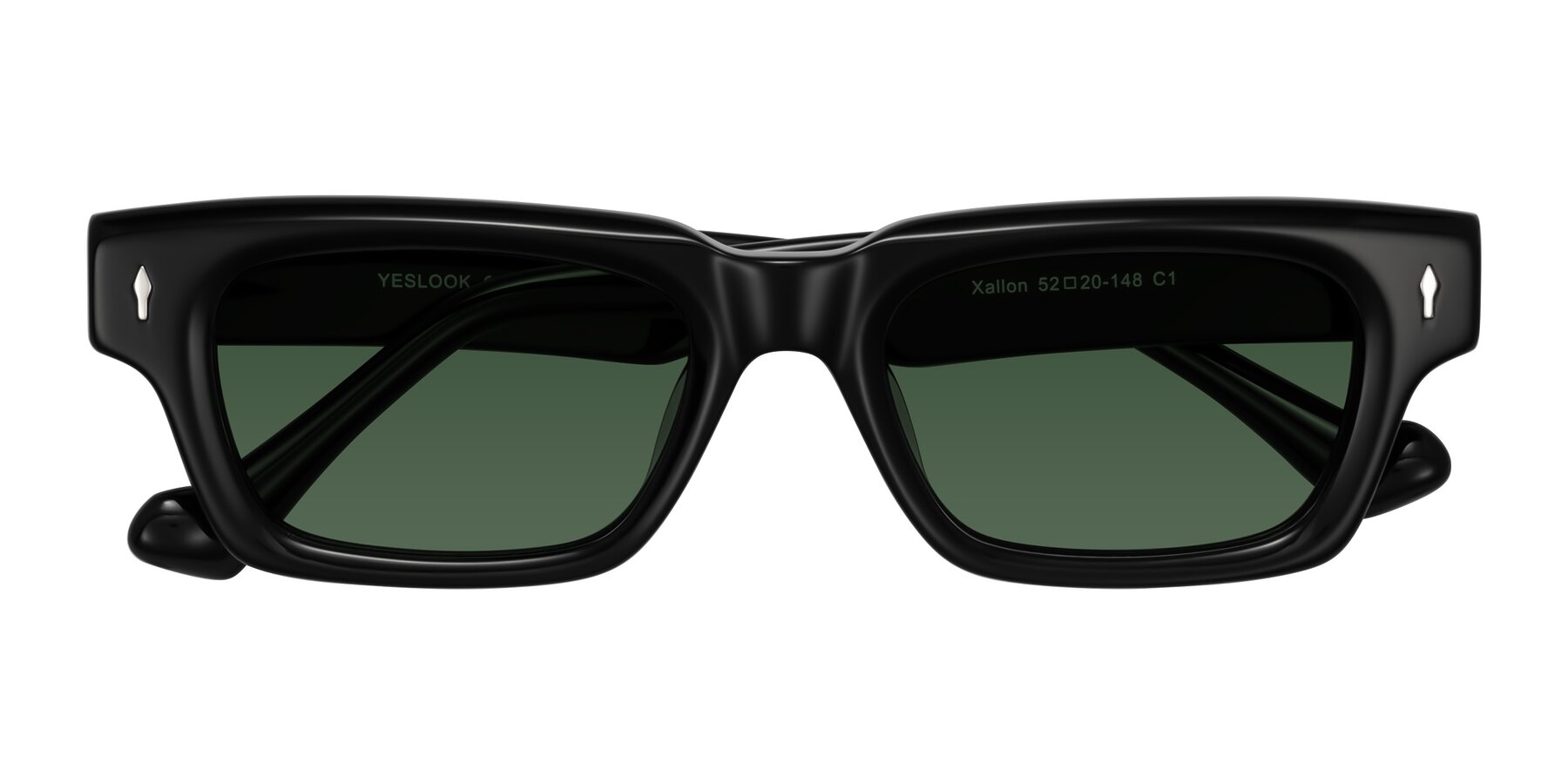 Folded Front of Xallon in Black with Green Tinted Lenses