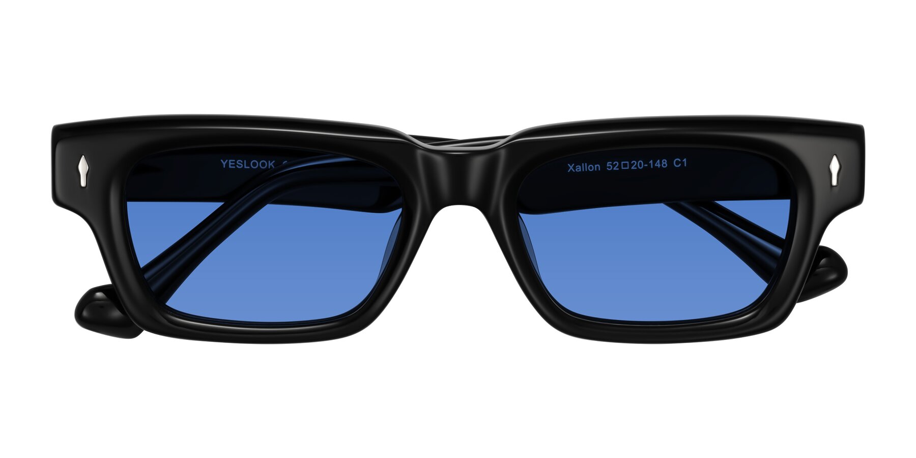 Folded Front of Xallon in Black with Blue Tinted Lenses